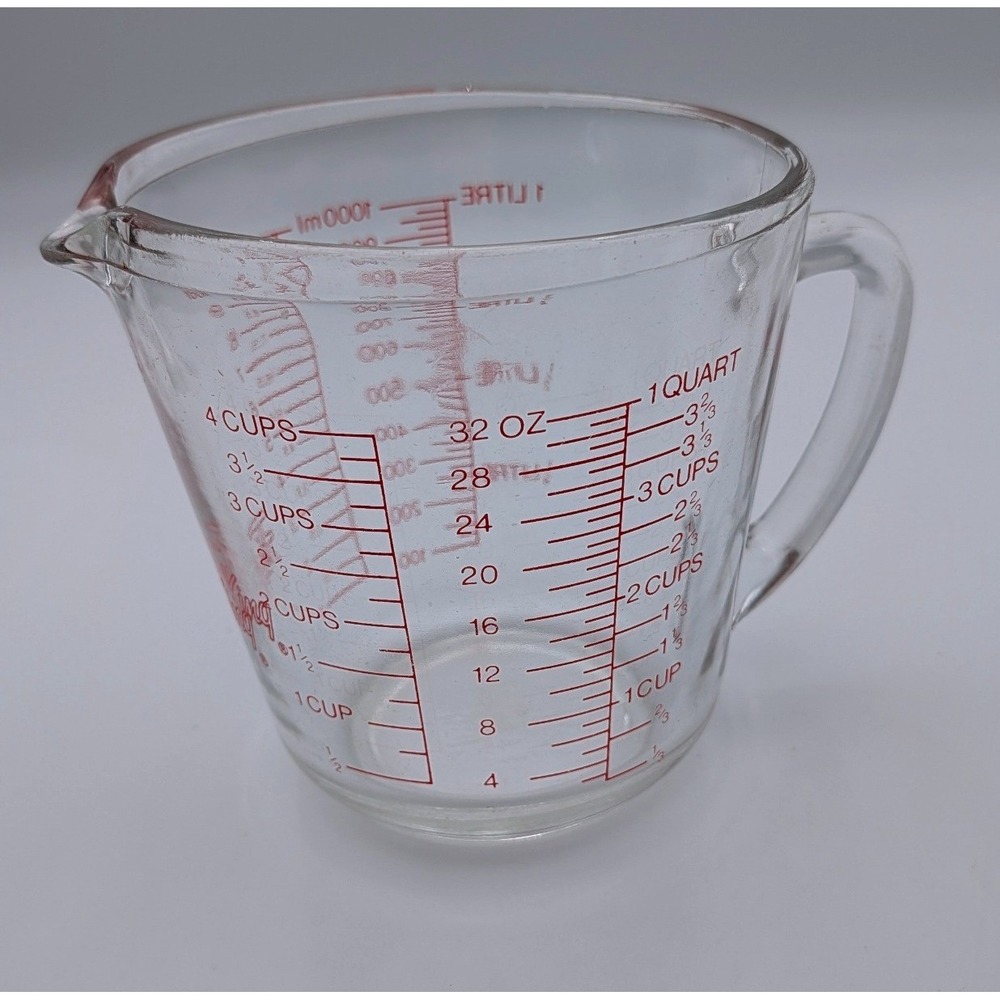 Fire-King Anchor Hocking Glass Measuring Cup 4 Cup 1 Quart Red Lettering Vintage
